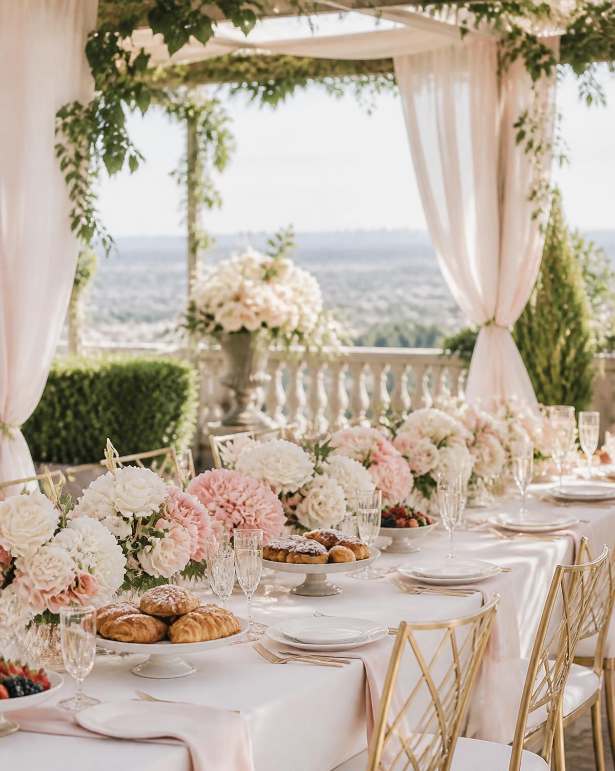 Bridal shower decorations with a blush floral brunch table