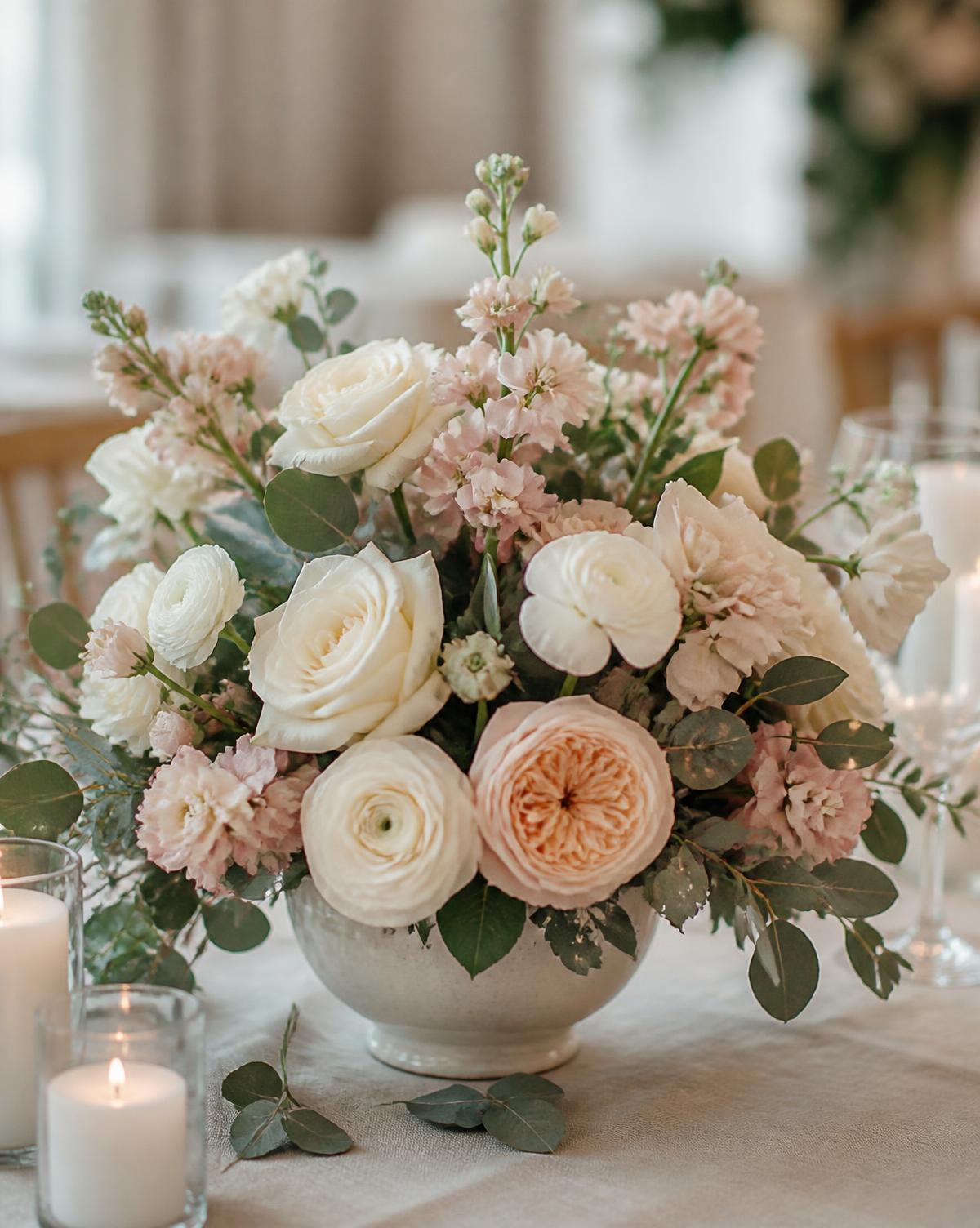 Lush cream and blush floral centerpiece at an engagement party