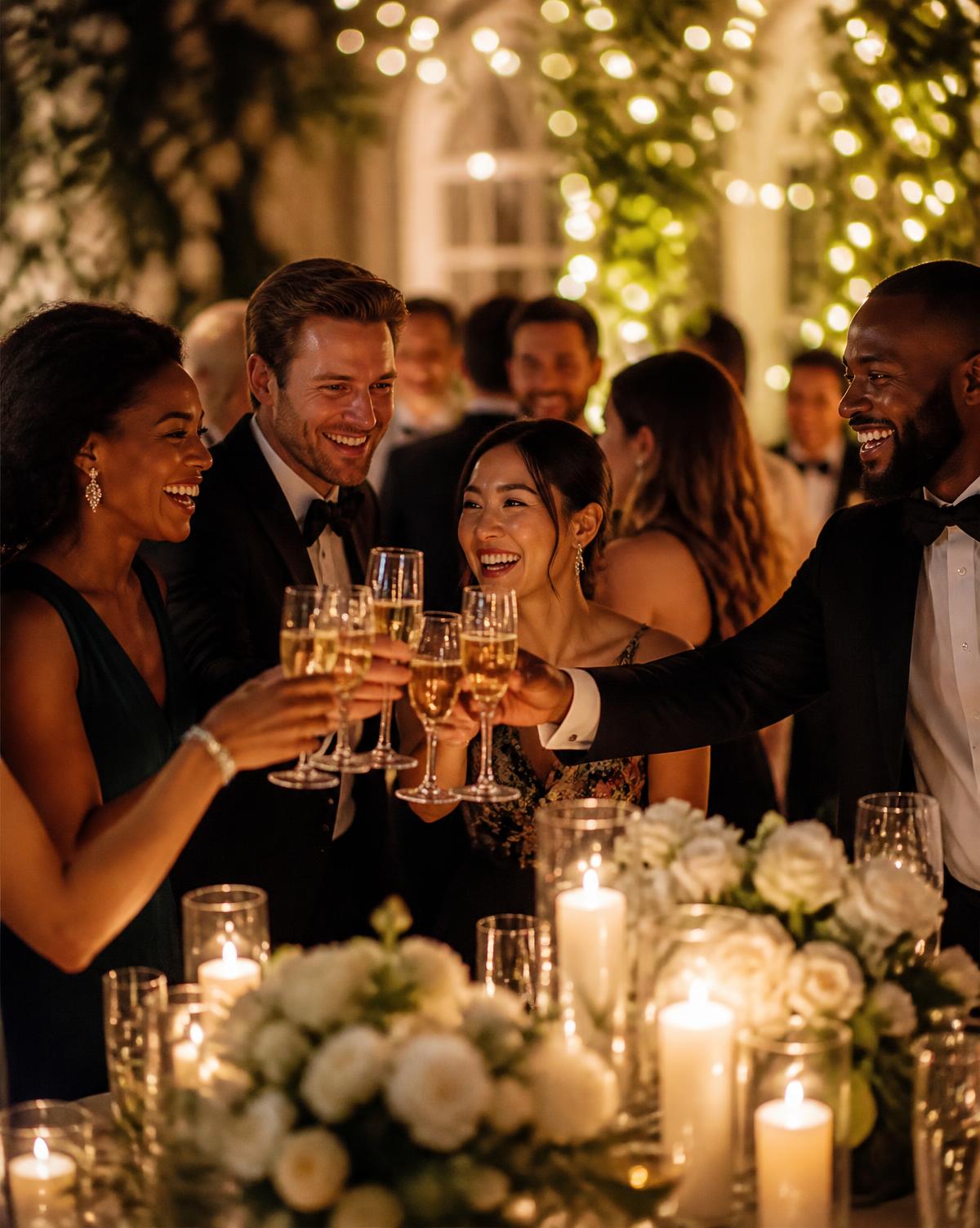 Guests toasting with champagne at an elegant evening event
