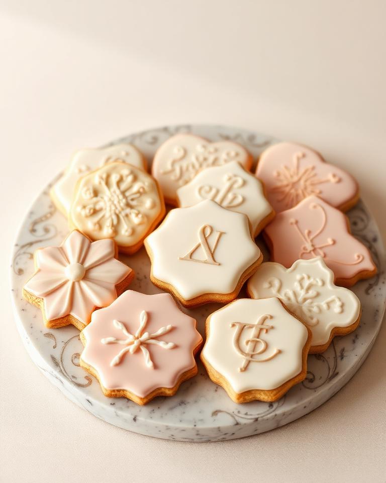 Elegant custom decorated sugar cookies on a celebration tray