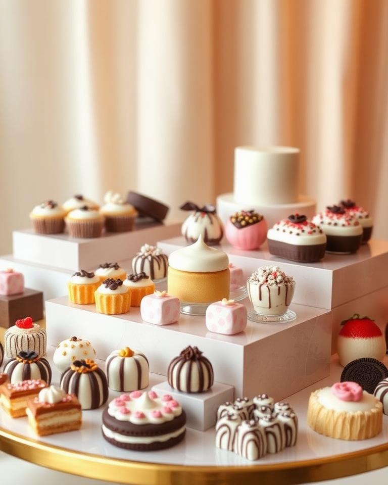 Assortment of custom bite-size celebration treats on a tiered display
