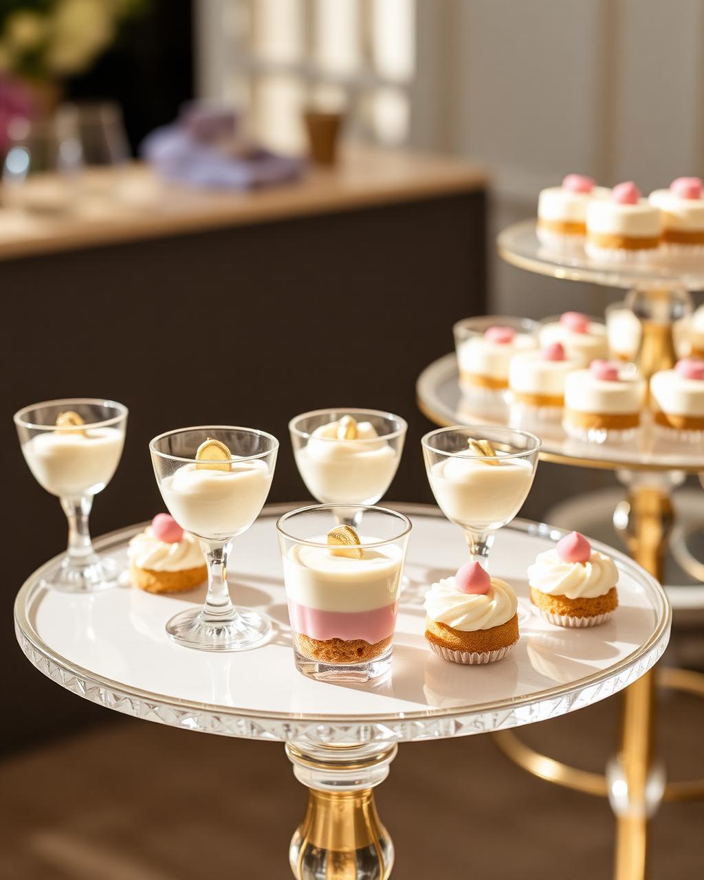 Individual layered dessert cups displayed on an elegant celebration table