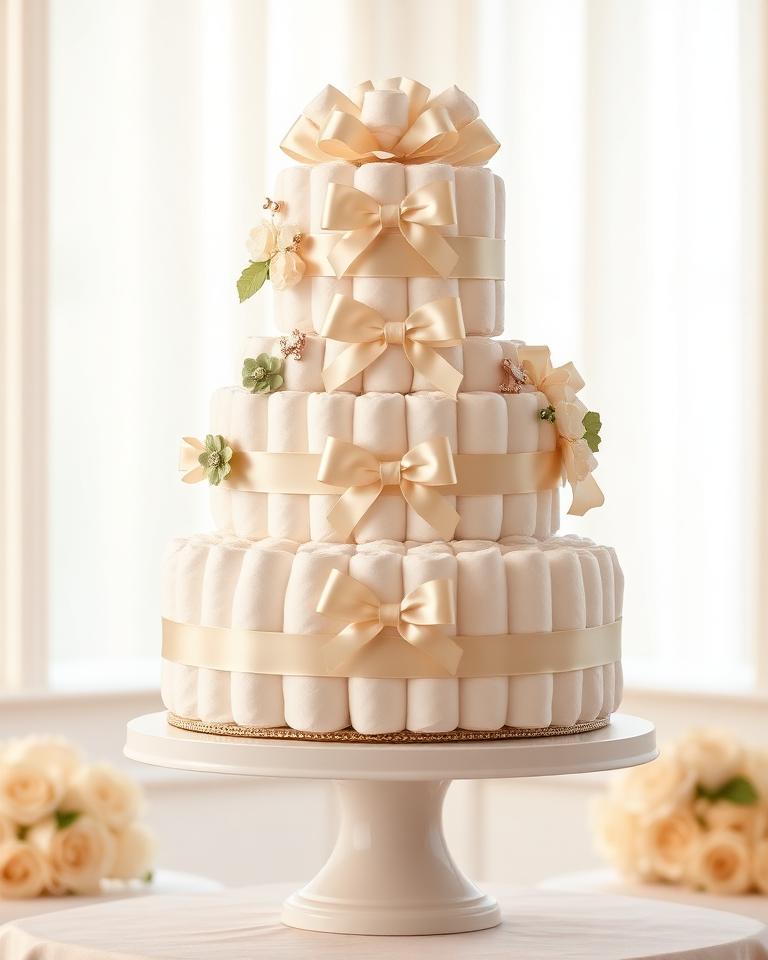 Luxury multi-tier diaper cake made from rolled diapers and satin ribbon
