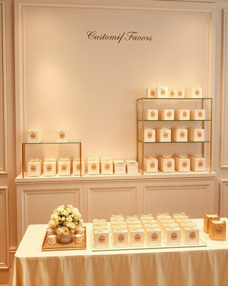 Professionally styled custom favor wall and guest gift table
