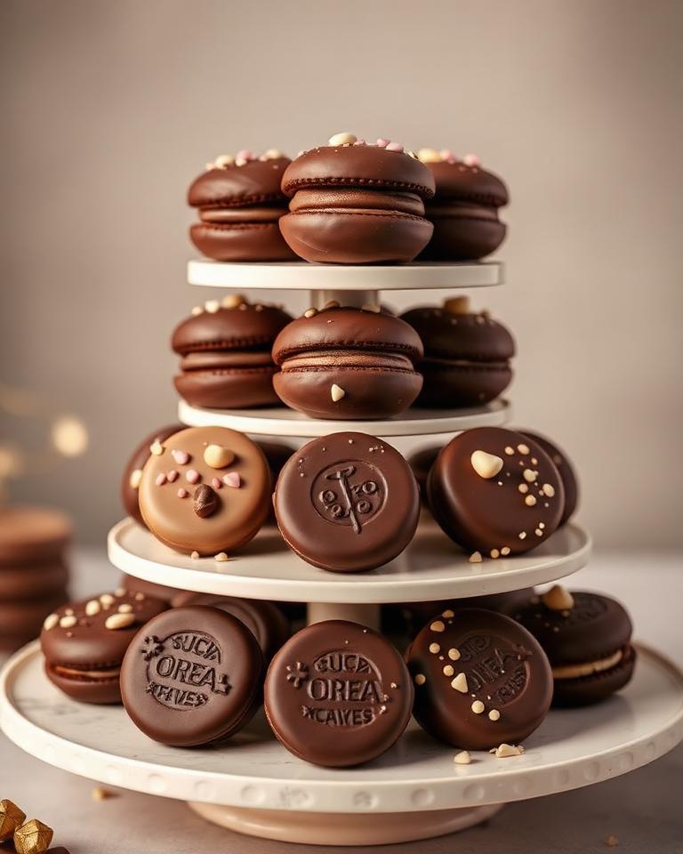 Decorated chocolate-covered sandwich cookies on a tiered stand
