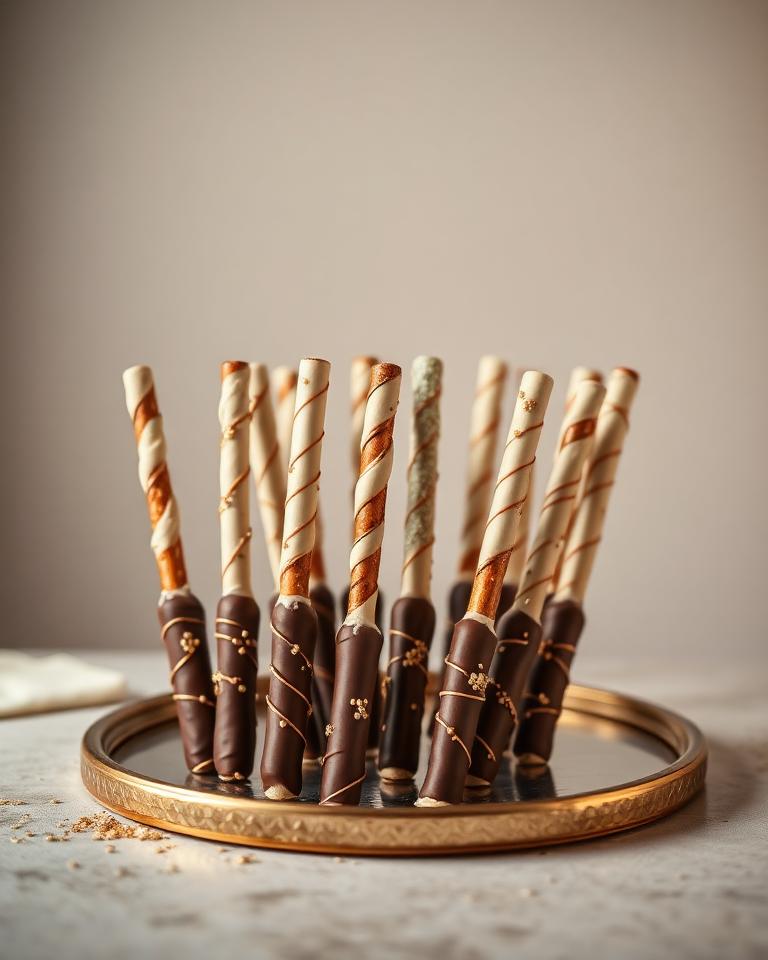 Elegant chocolate-covered pretzel rods arranged on a gold tray