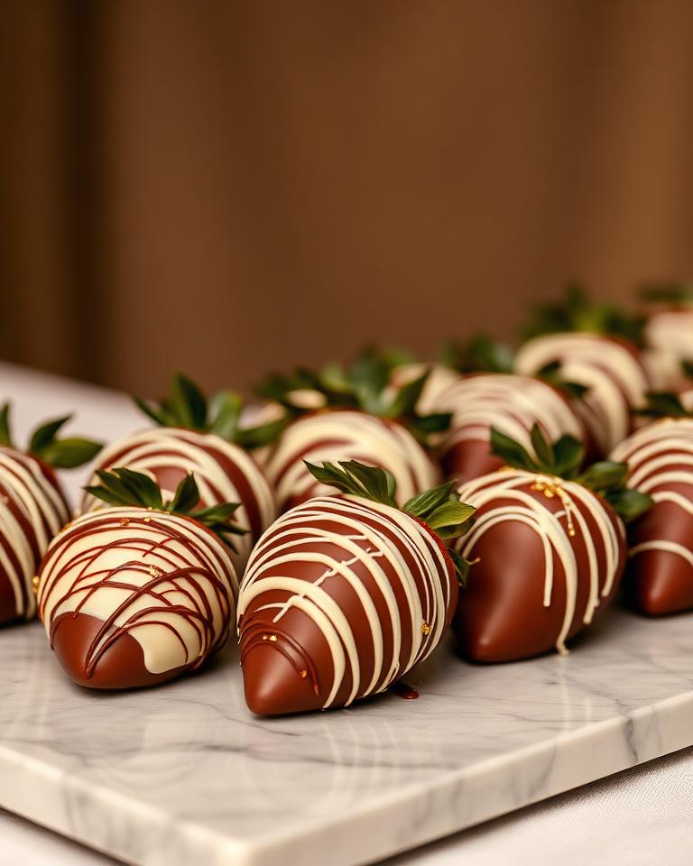 Decorated chocolate-covered strawberries on a marble serving tray