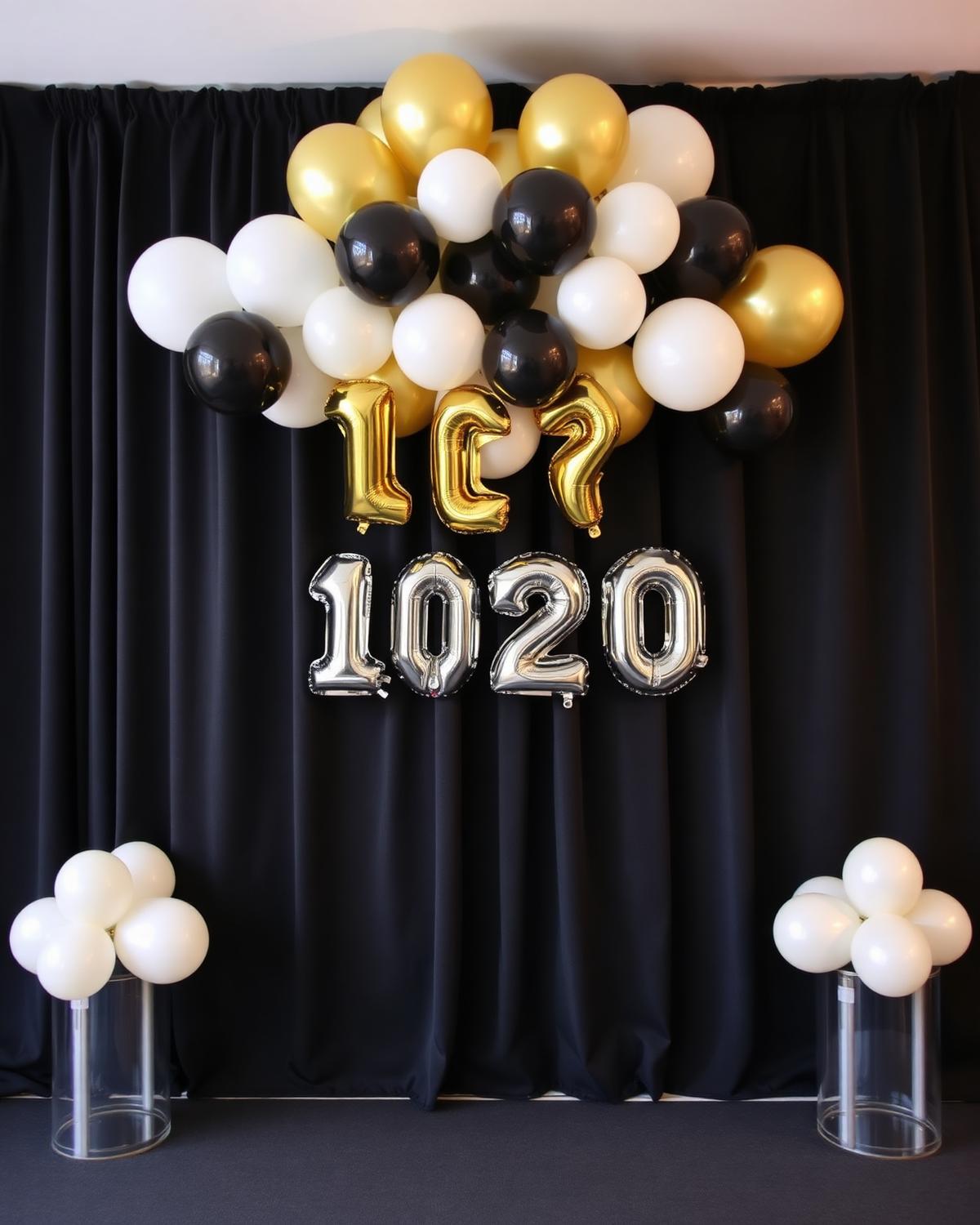 Black and gold milestone birthday decor with balloon accents