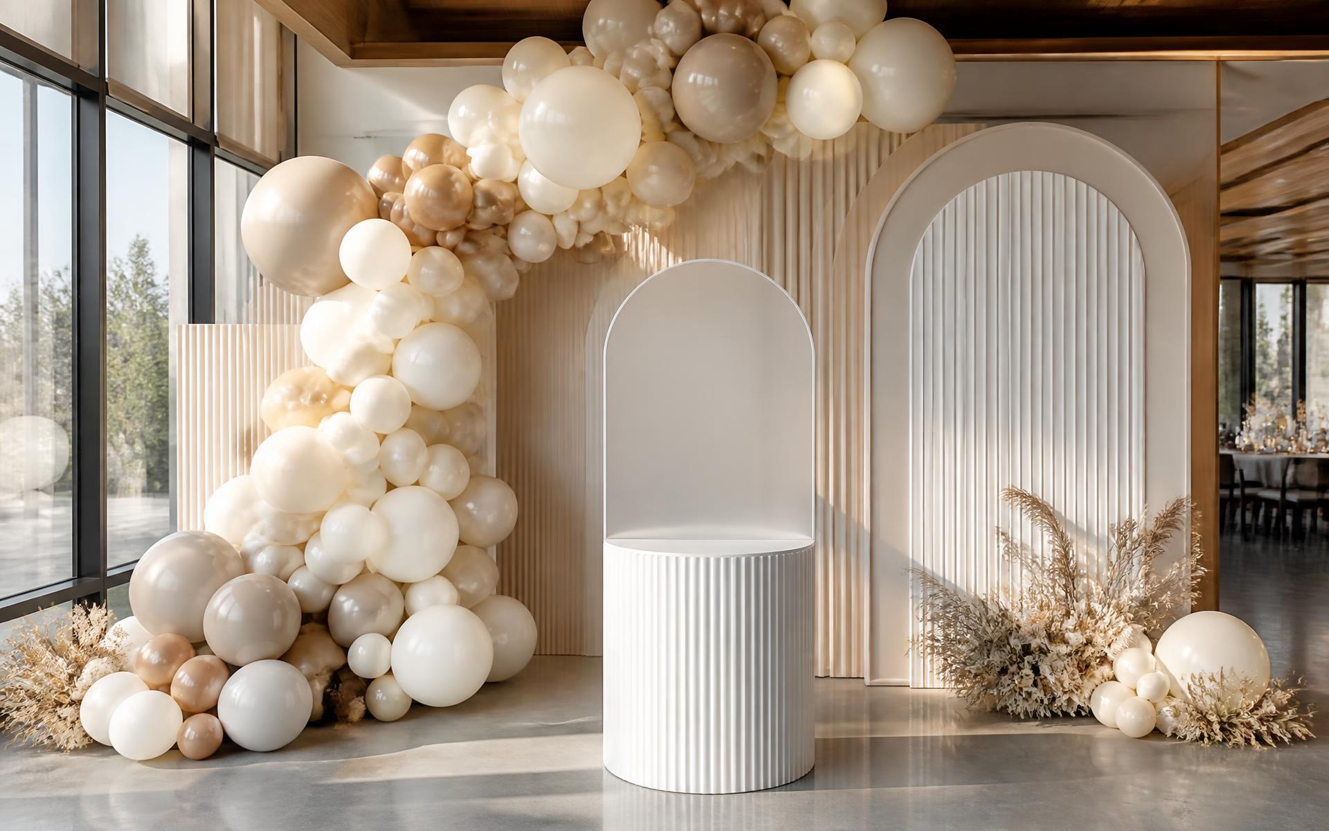 Balloon decor installation with layered custom backdrop panels